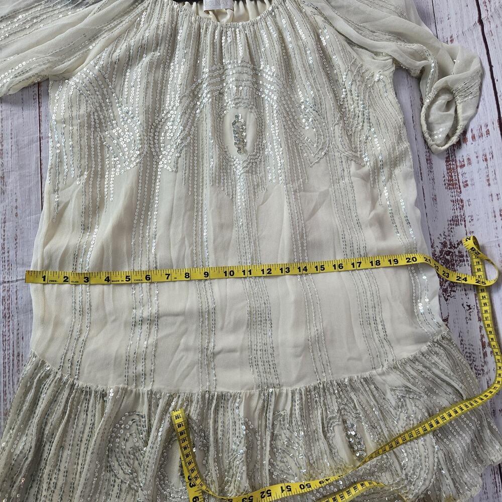 Carolina K Sequin Dress M Cream Cottagecore Sheer Sleeve Ruffle Tier Fairy Glam - Picture 12 of 15